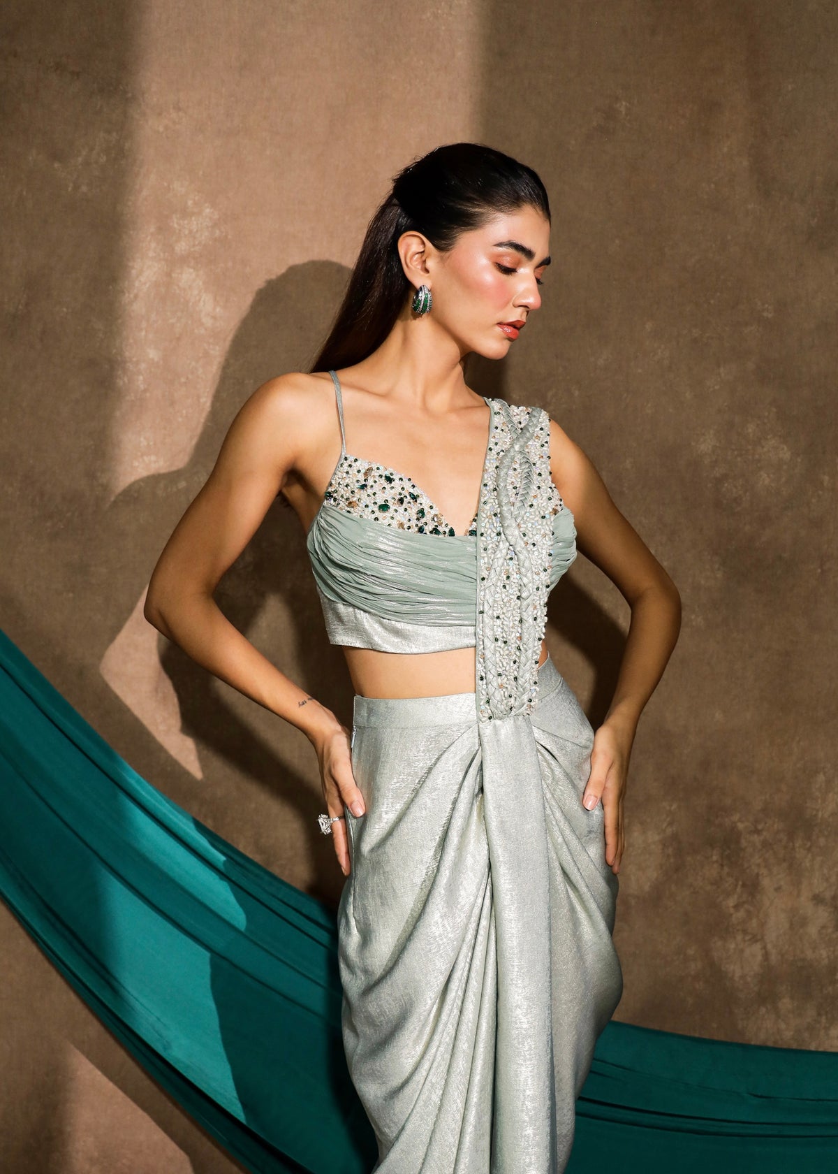 Zarh Celestial Mint Drape Saree Set