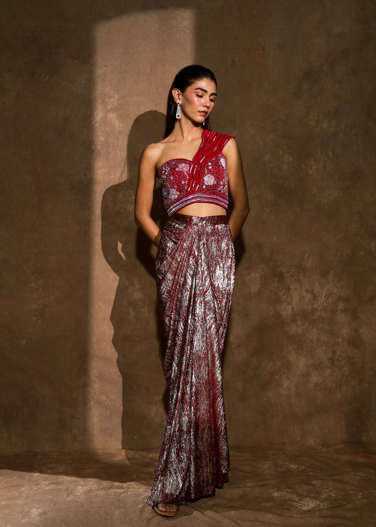 Aabra Dark Raspberry Metallic Drape Skirt Set