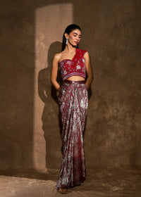 Aabra Dark Raspberry Metallic Drape Skirt Set