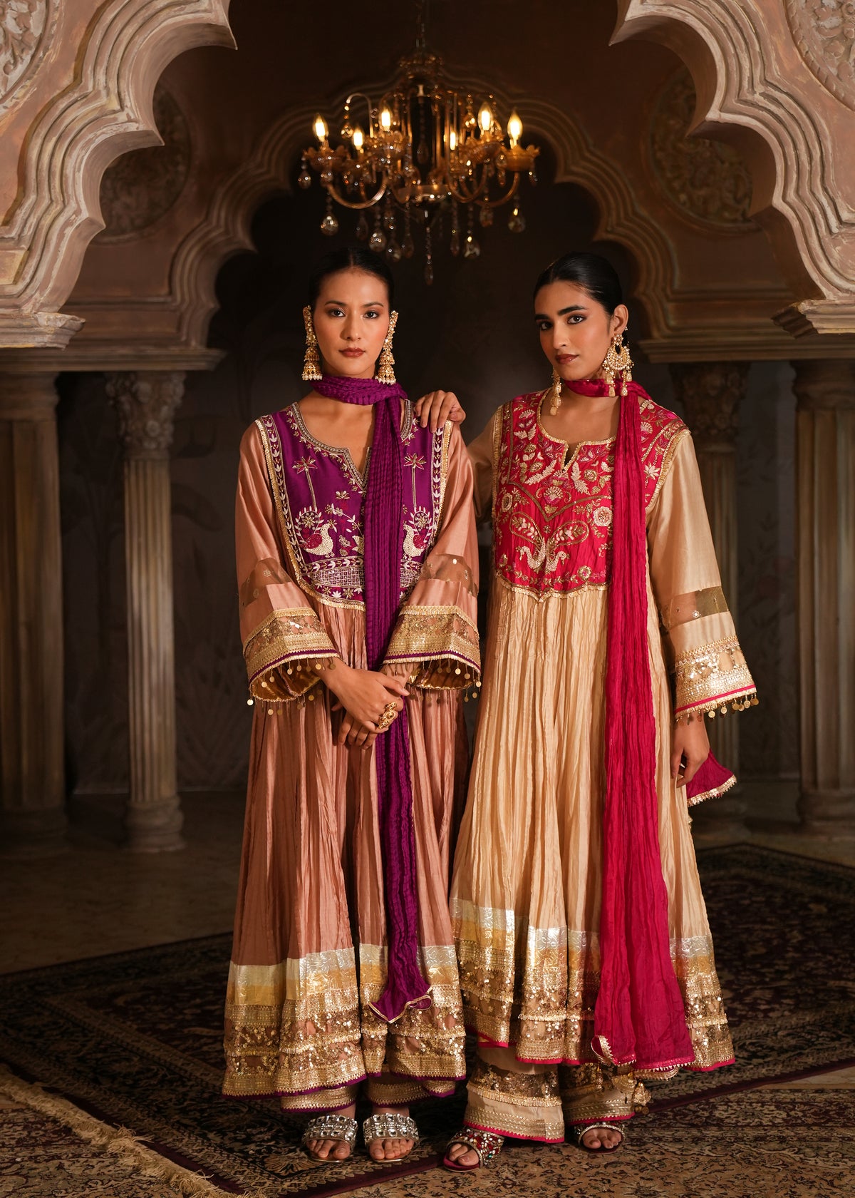 Vayu Champagne Beige Crushed Chanderi Anarkali Set