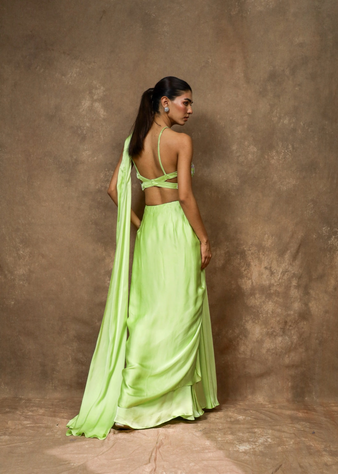 Miorah Pastel Green Drape Saree Set