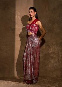 Aabra Dark Raspberry Metallic Drape Skirt Set
