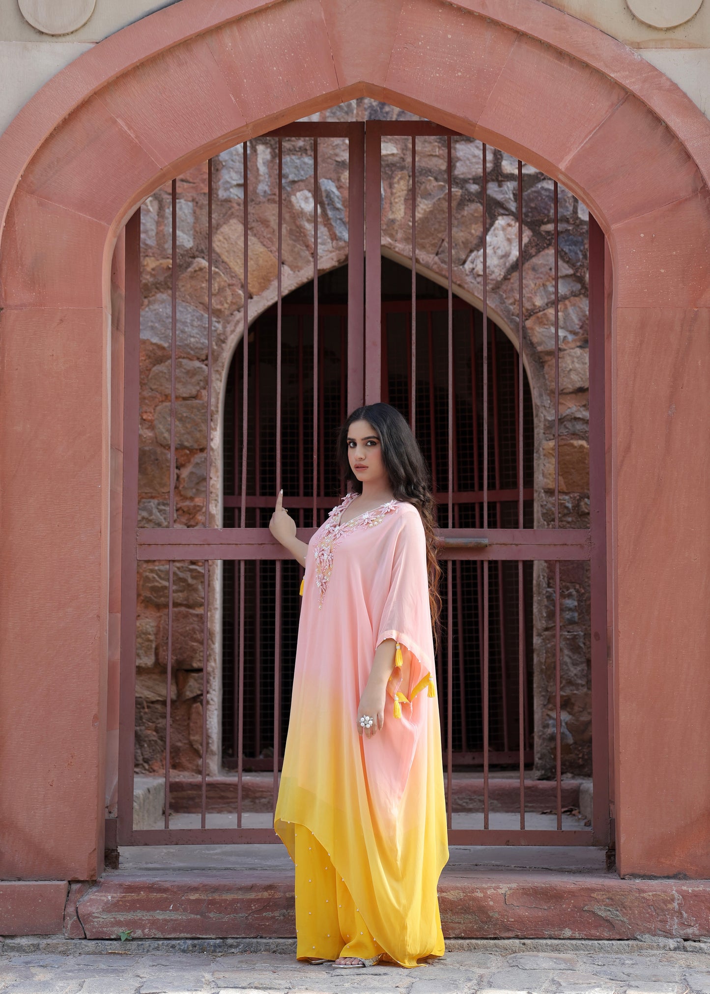 Raabta Pink Yellow Ombré Kaftan Set