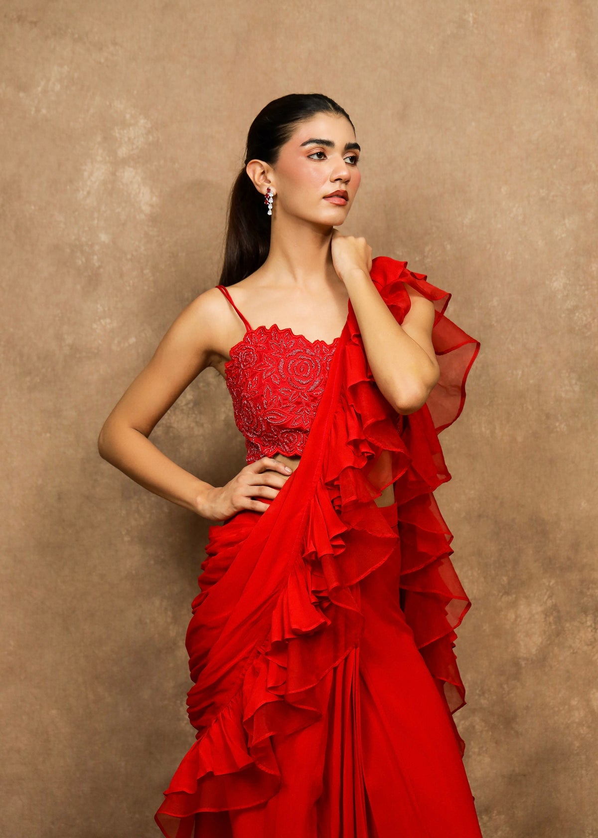 Amyrah Red Cascade Saree Set