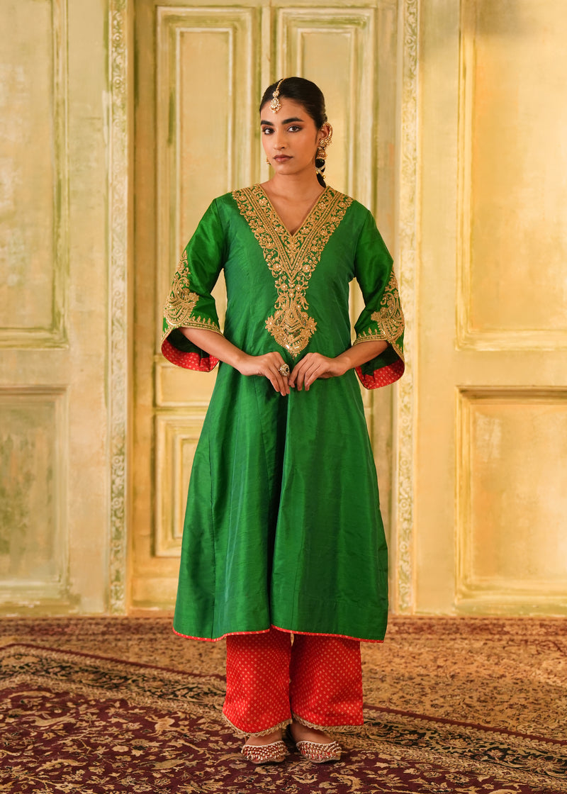 Saanjh Jade Green Raw Silk Kurta Set