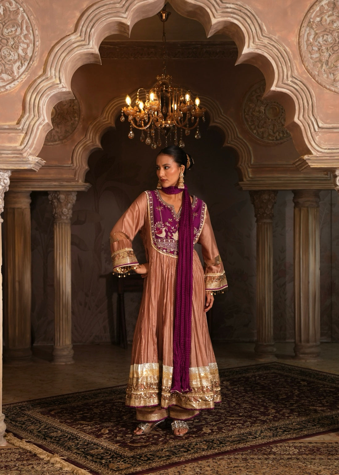 Nehmat Rose Bronze Crushed Chanderi Anarkali Set