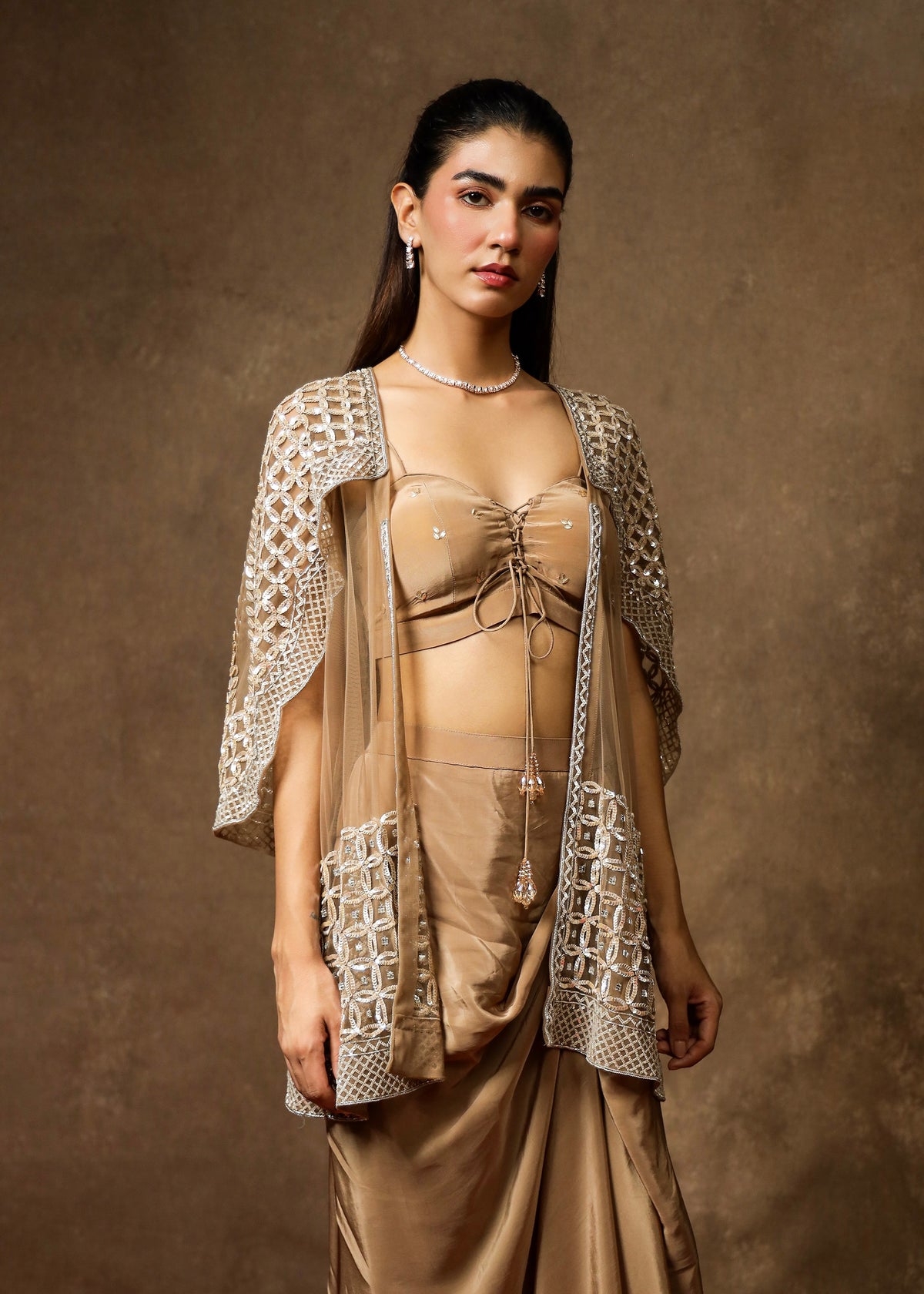 Hazoor Brown Cape Jacket Drape Set