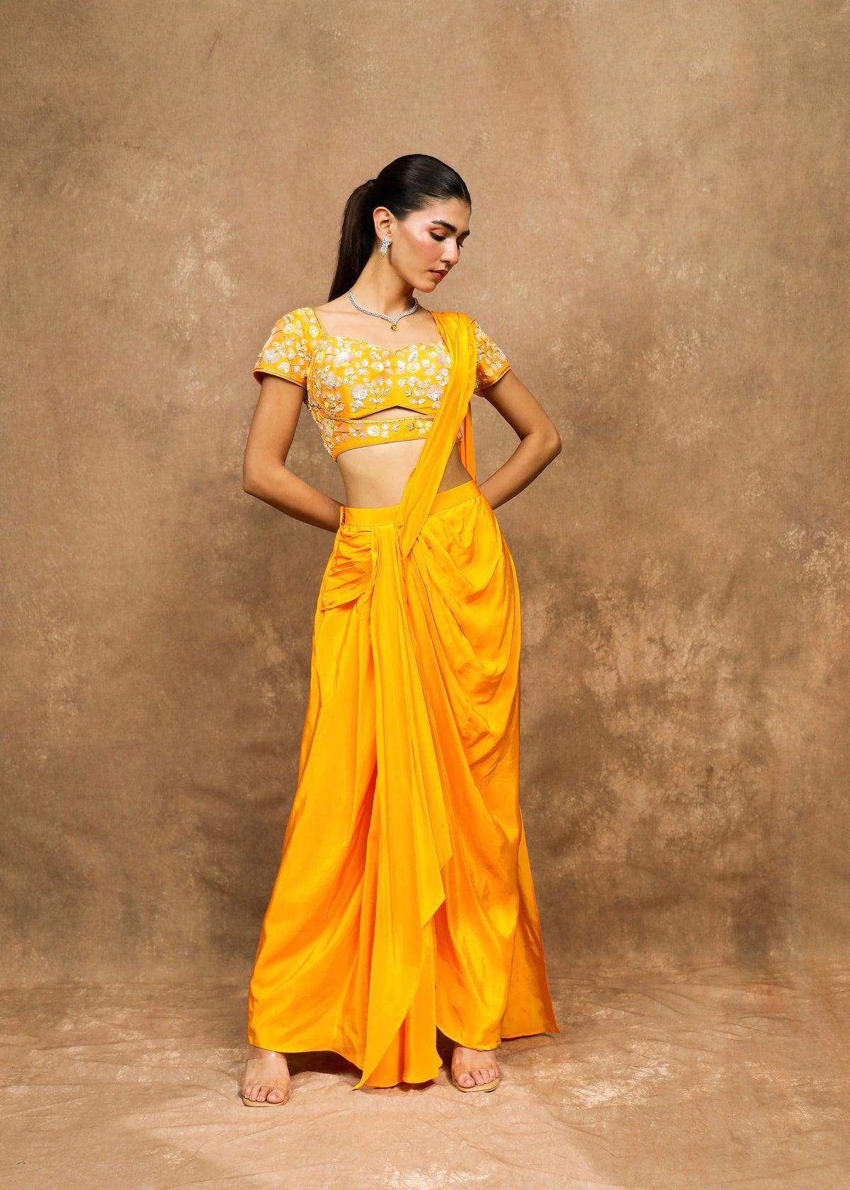 Kamli Yellow Pre-Draped Saree Set