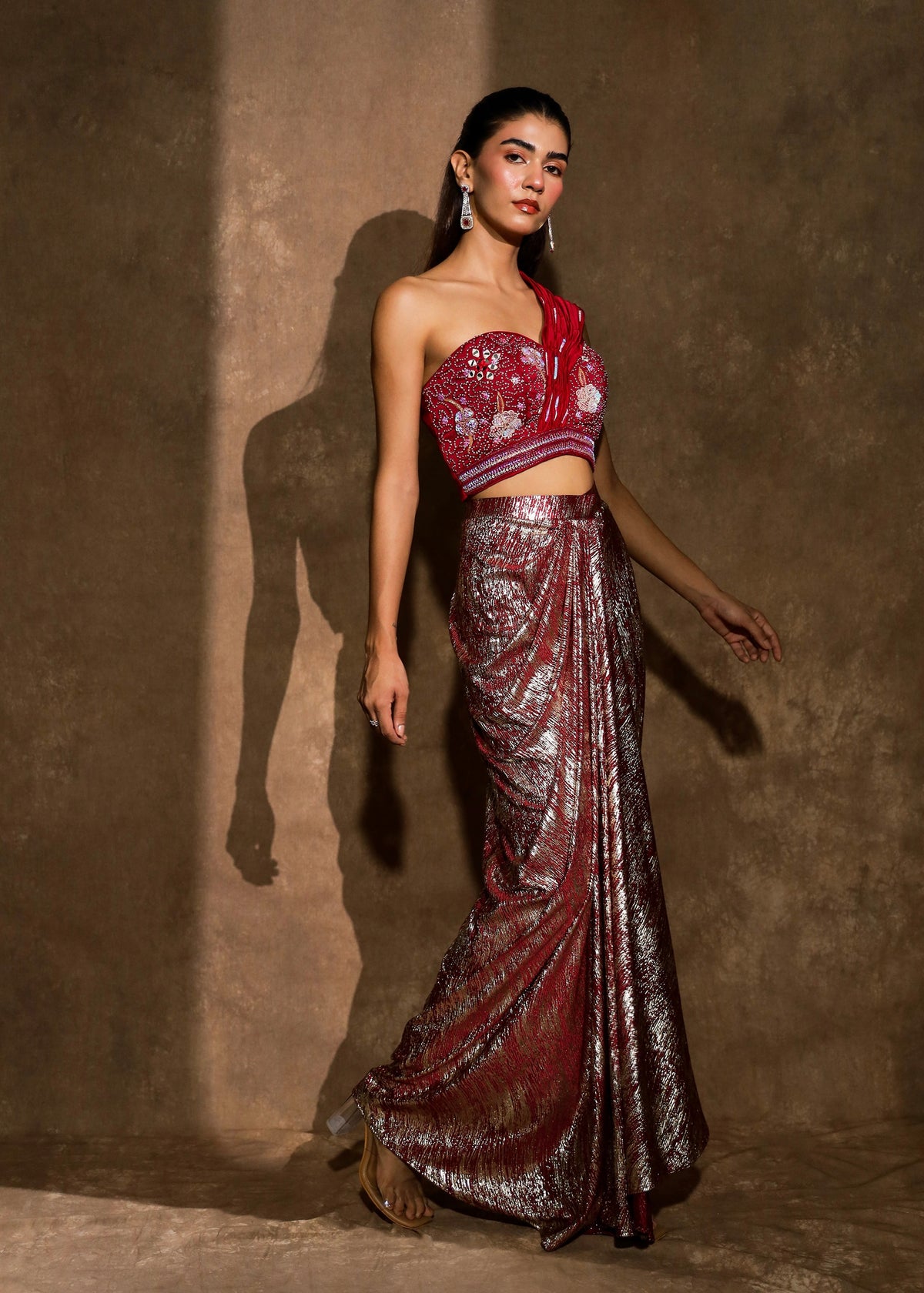 Aabra Dark Raspberry Metallic Drape Skirt Set