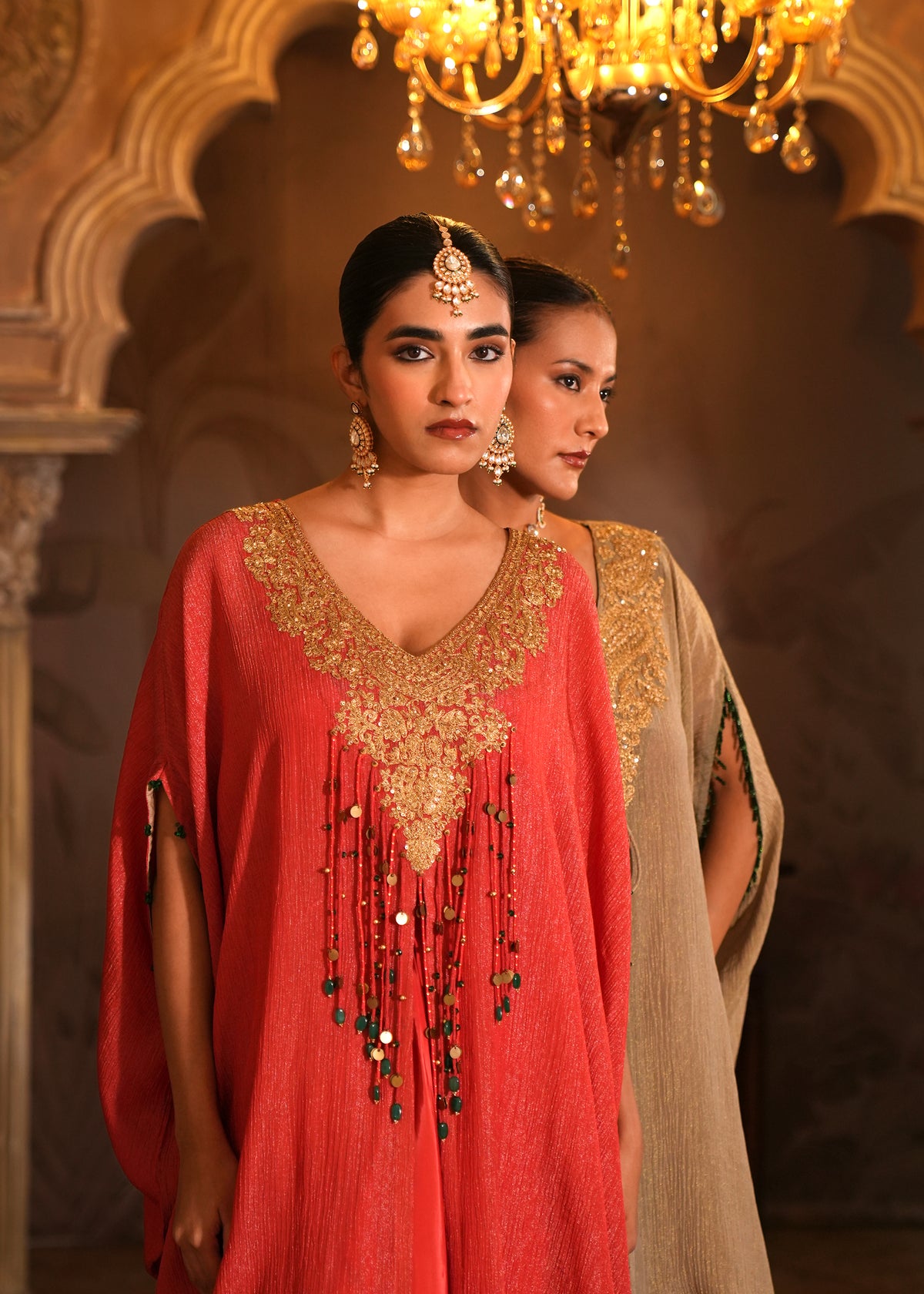 Aarini Coral Rust Kaftan Drape Set