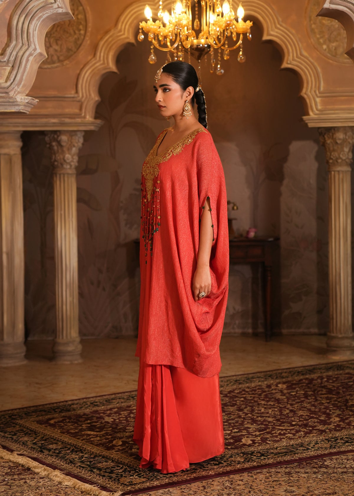 Aarini Coral Rust Kaftan Drape Set