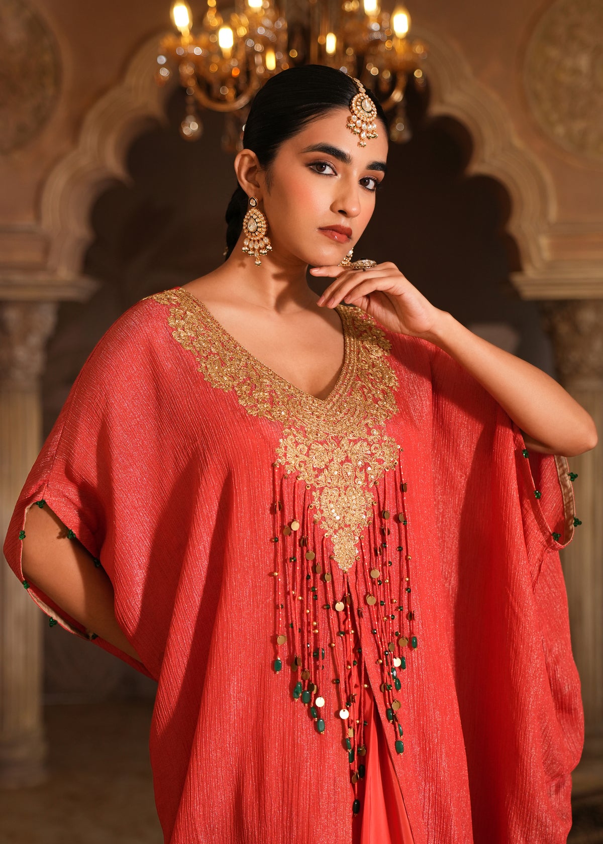 Aarini Coral Rust Kaftan Drape Set