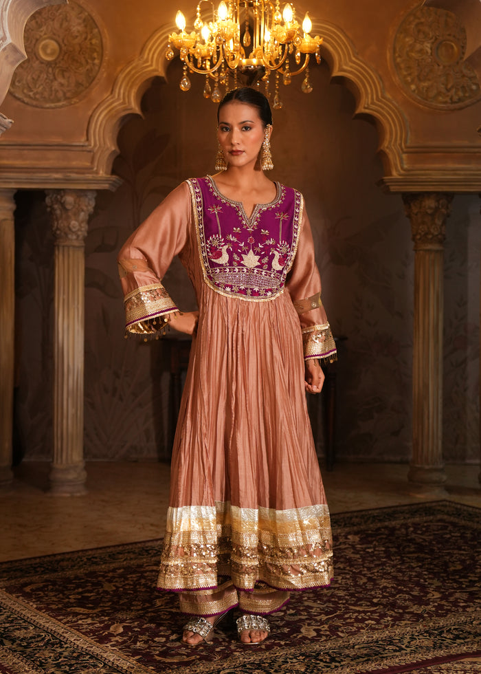 Nehmat Rose Bronze Crushed Chanderi Anarkali Set