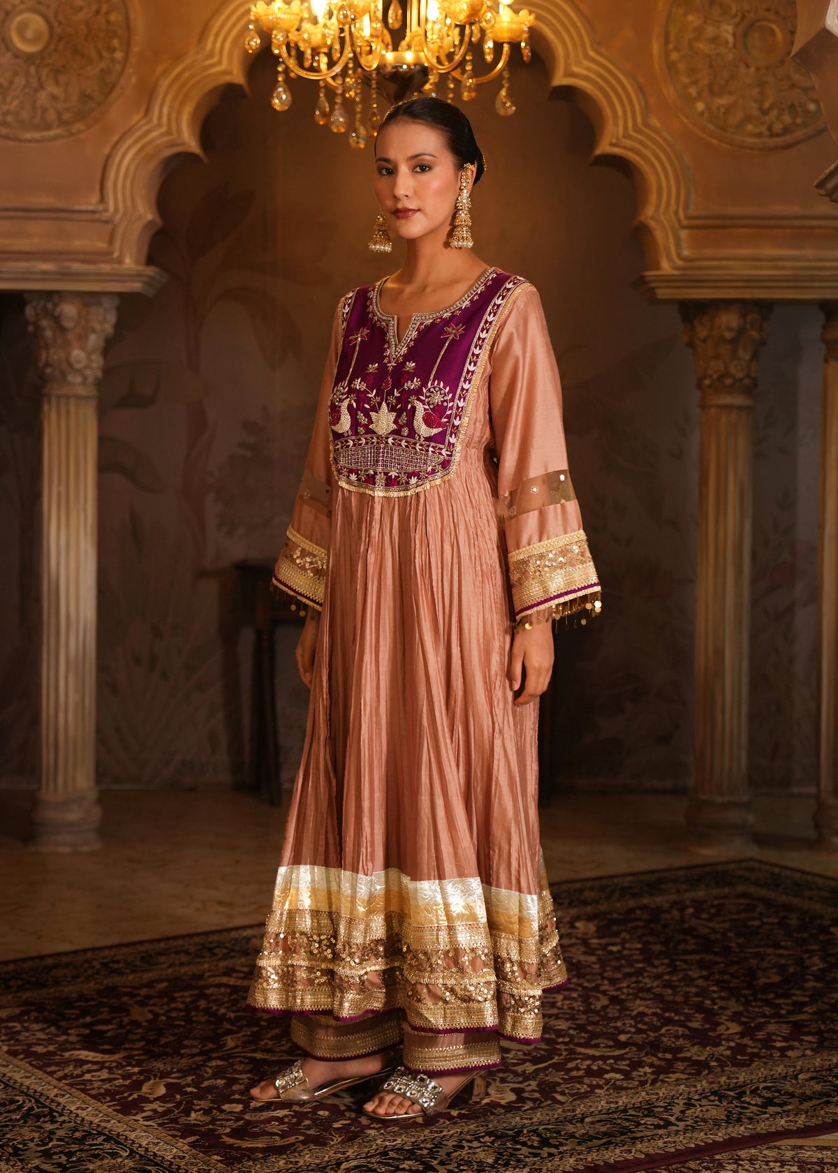 Nehmat Rose Bronze Crushed Chanderi Anarkali Set