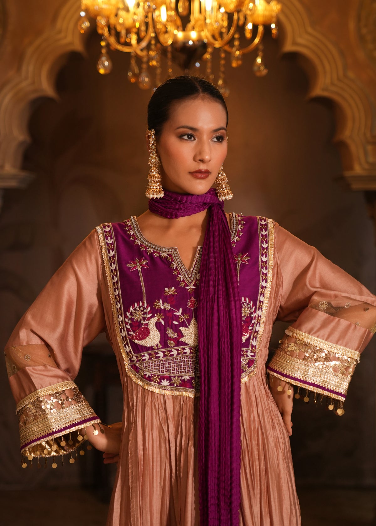 Nehmat Rose Bronze Crushed Chanderi Anarkali Set