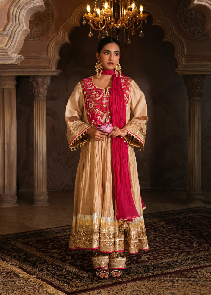 Vayu Champagne Beige Crushed Chanderi Anarkali Set