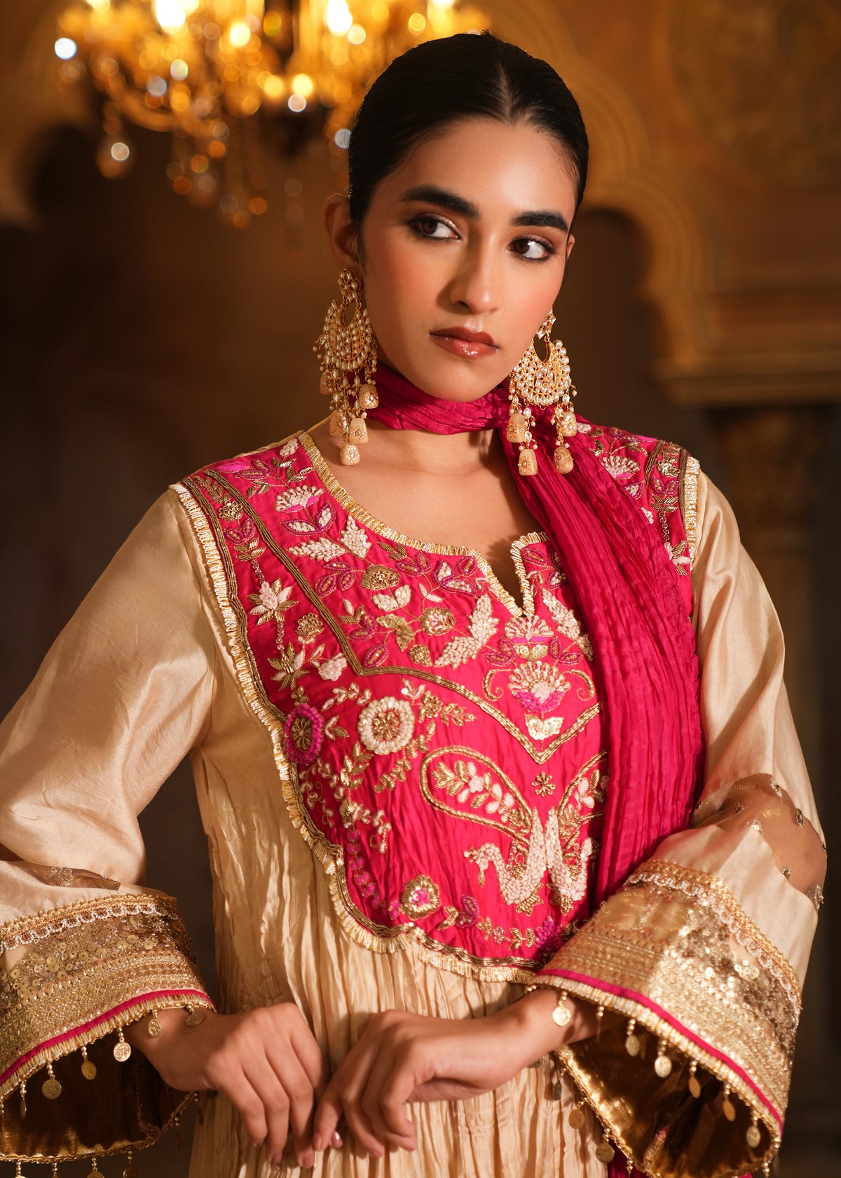 Vayu Champagne Beige Crushed Chanderi Anarkali Set