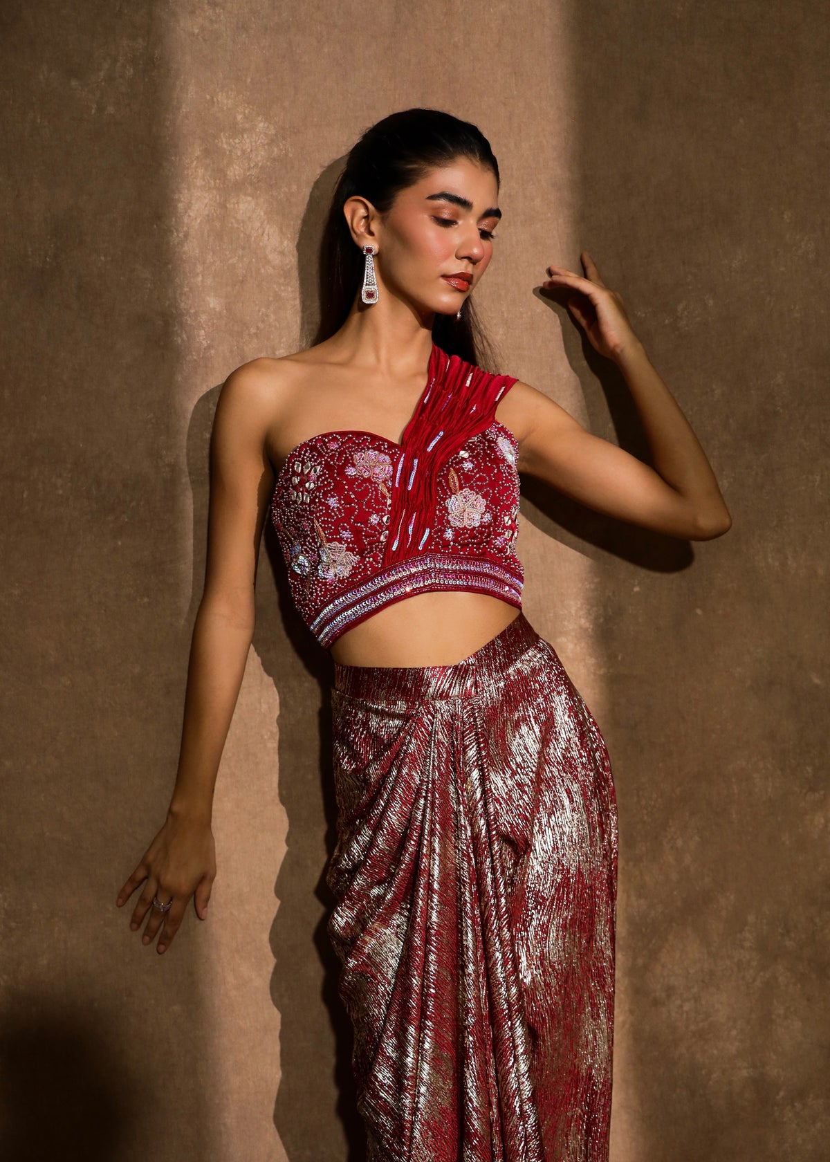 Aabra Dark Raspberry Metallic Drape Skirt Set