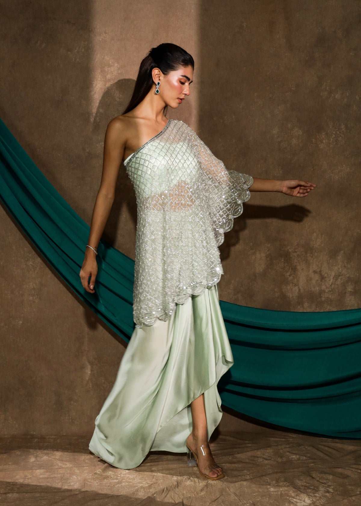 Nayrah Mint One-Shoulder Cape Set