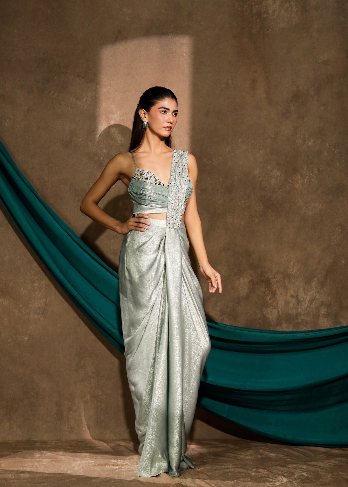 Zarh Celestial Mint Drape Saree Set