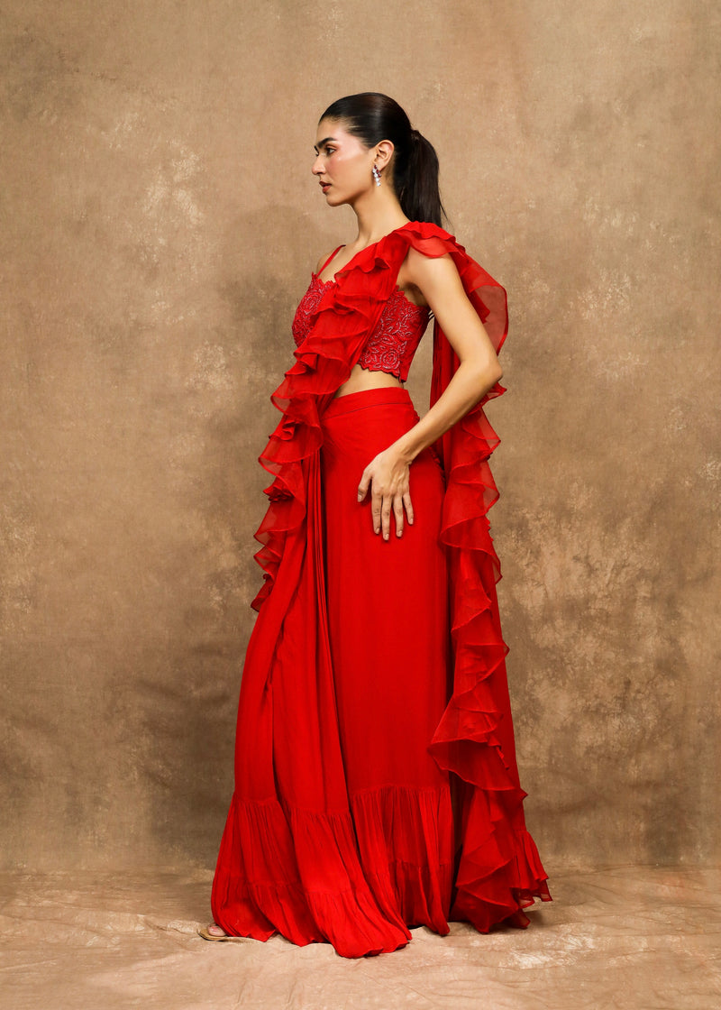 Amyrah Red Cascade Saree Set