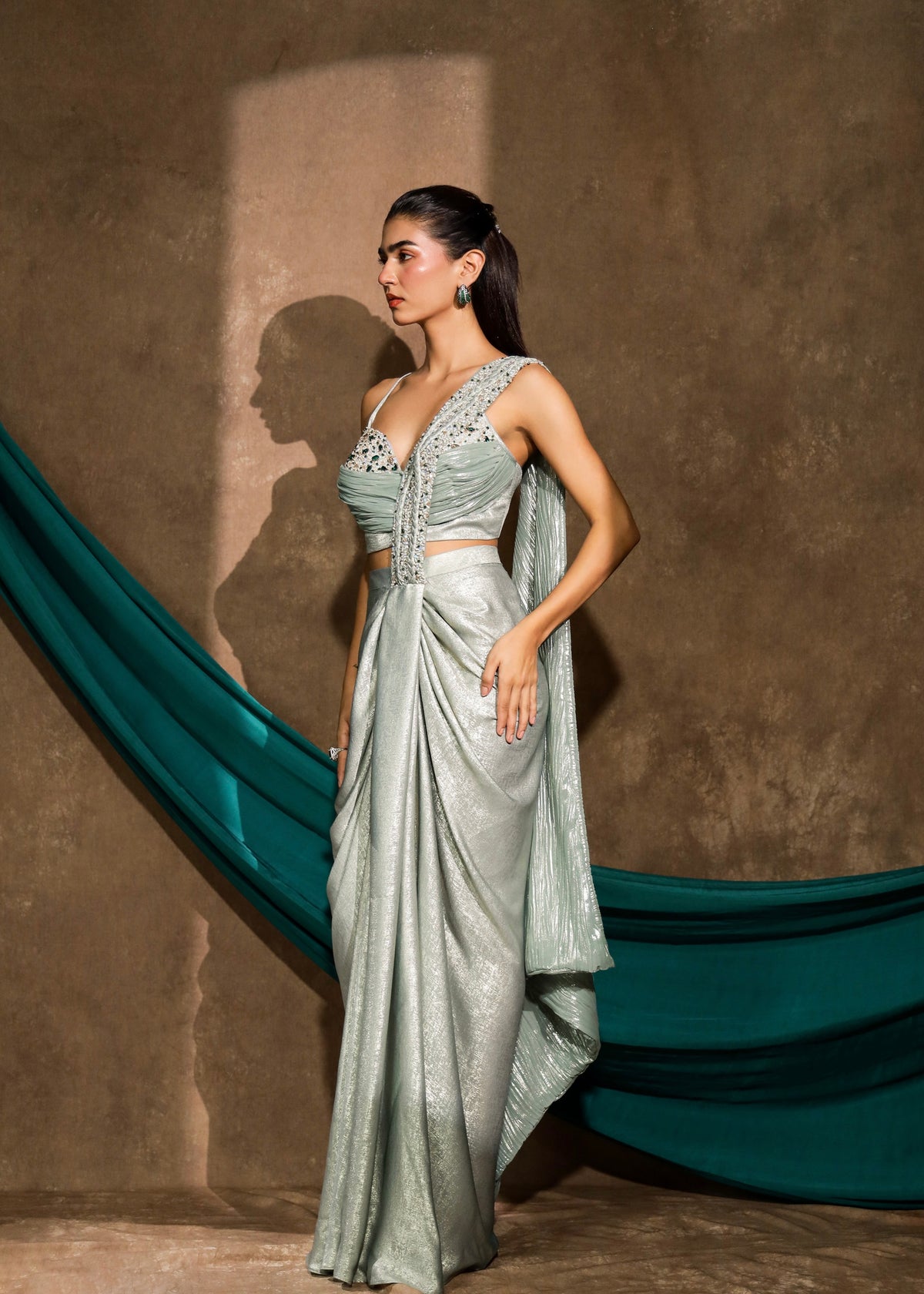 Zarh Celestial Mint Drape Saree Set