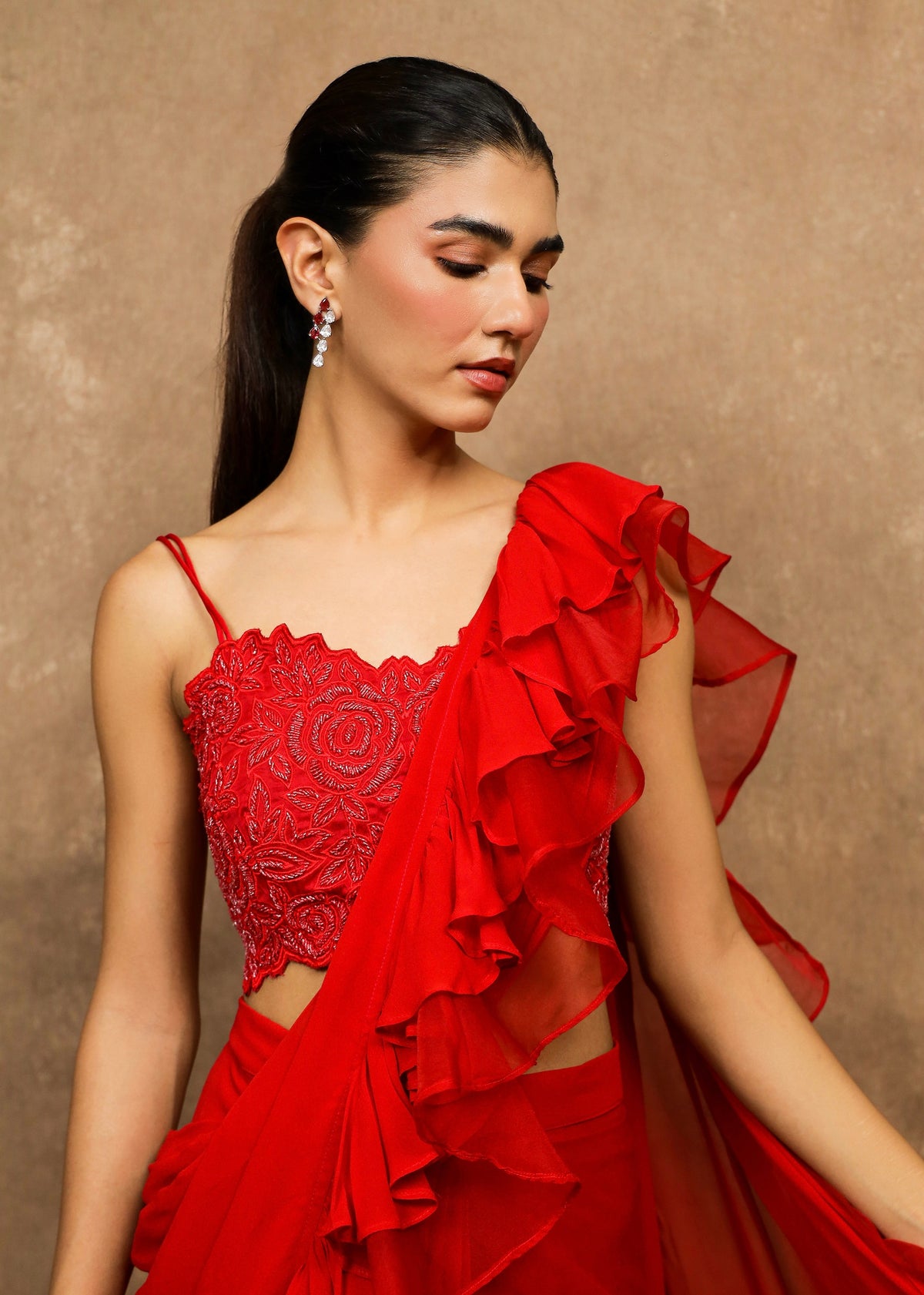 Amyrah Red Cascade Saree Set