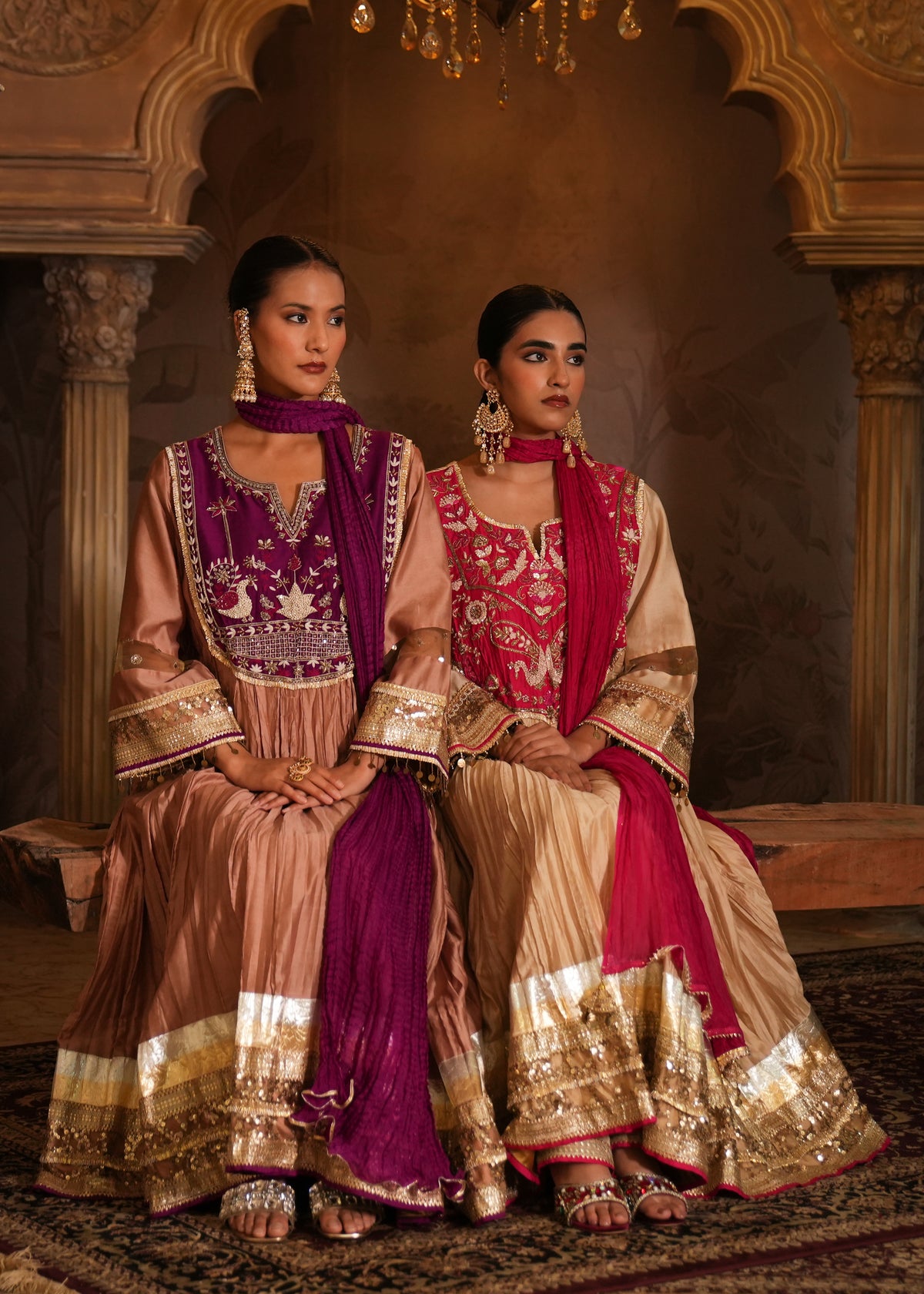 Vayu Champagne Beige Crushed Chanderi Anarkali Set