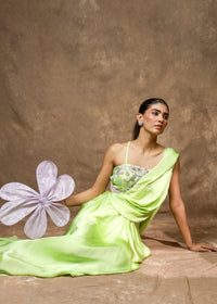 Miorah Pastel Green Drape Saree Set