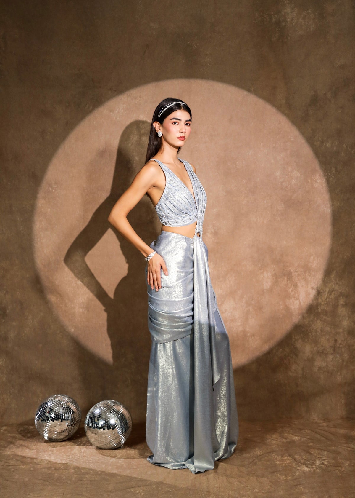 Ruh Metallic Powder Blue Conceptual Drape Saree