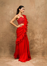 Amyrah Red Cascade Saree Set