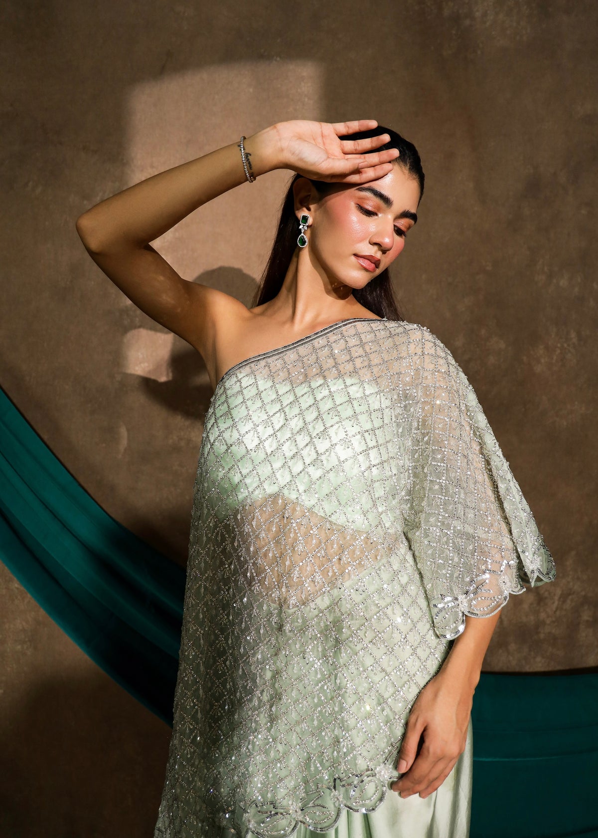 Nayrah Mint One-Shoulder Cape Set