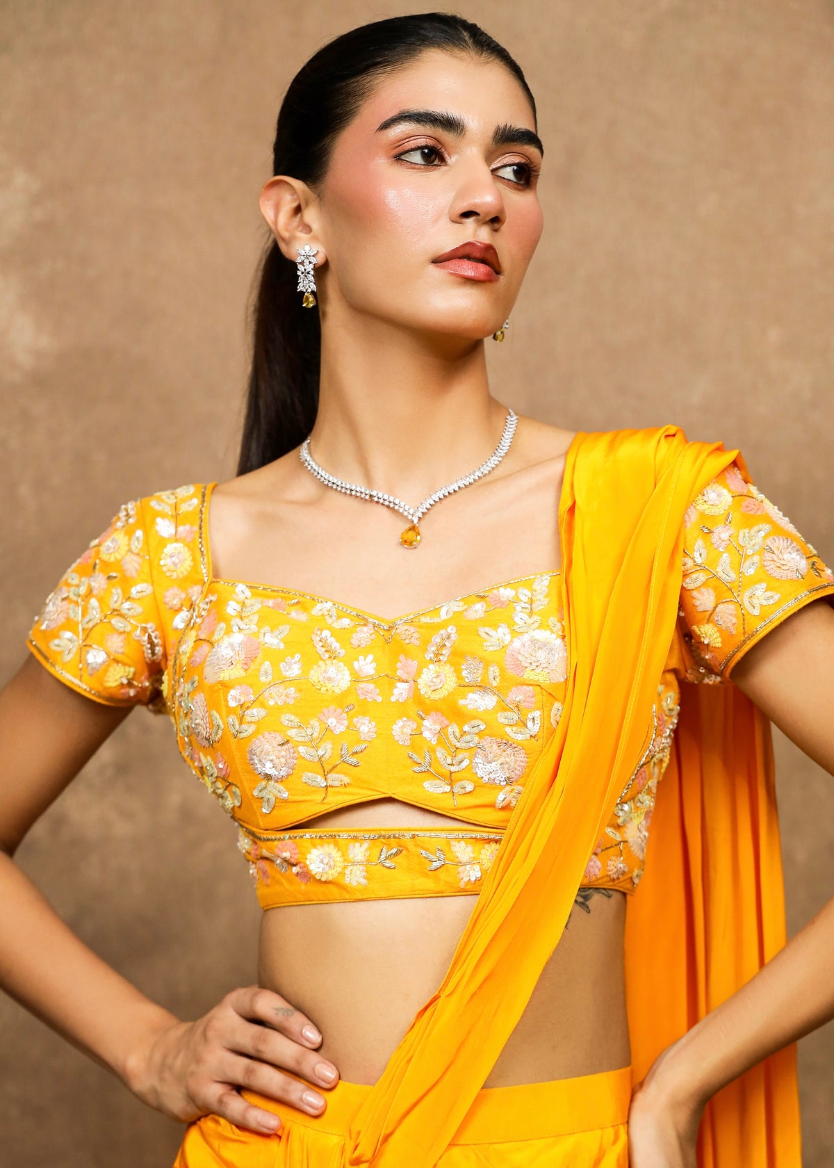 Kamli Yellow Pre-Draped Saree Set