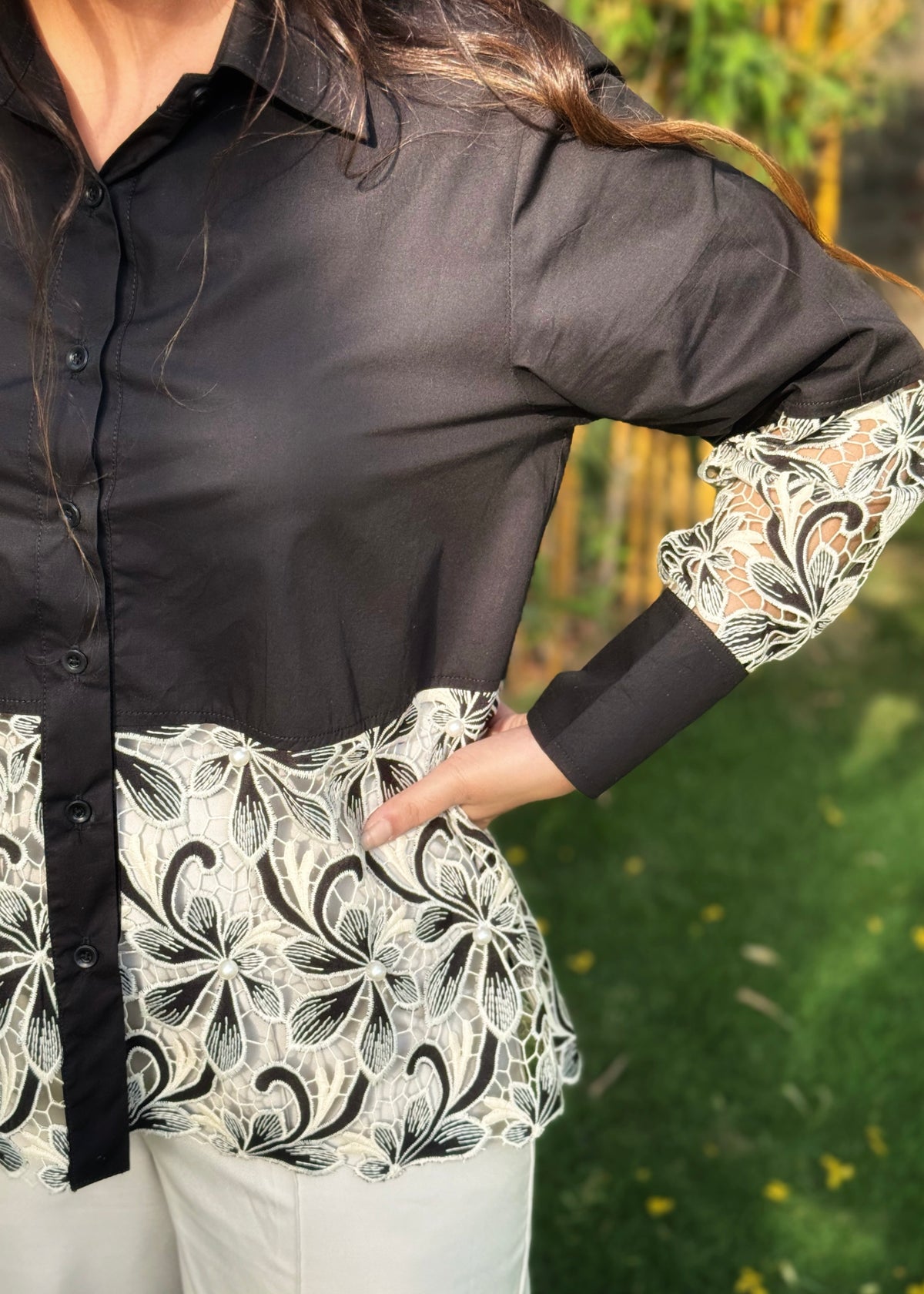 Midnight Bloom Cutwork Shirt