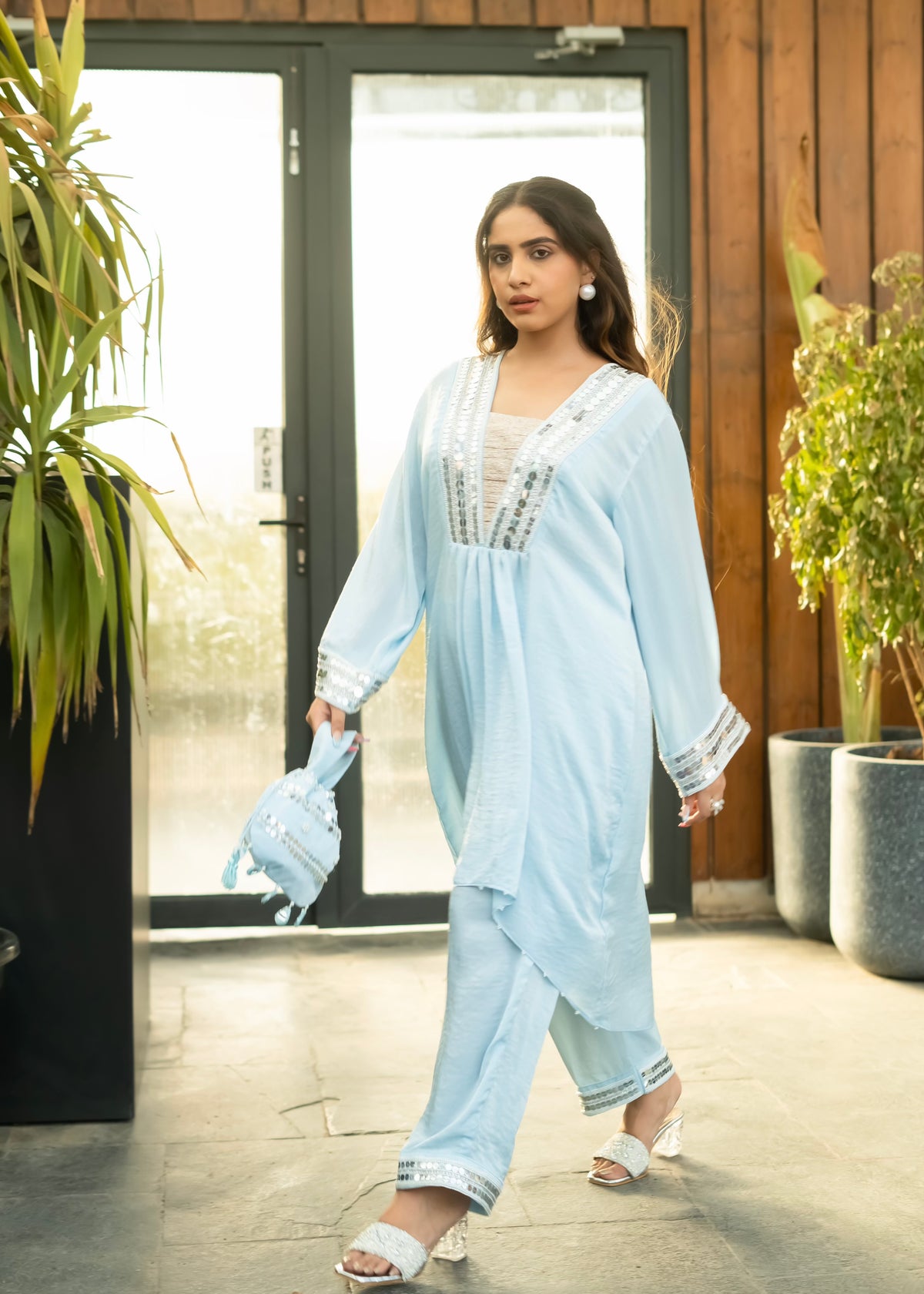 Noor Powder Blue Set with Potli