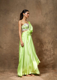 Miorah Pastel Green Drape Saree Set