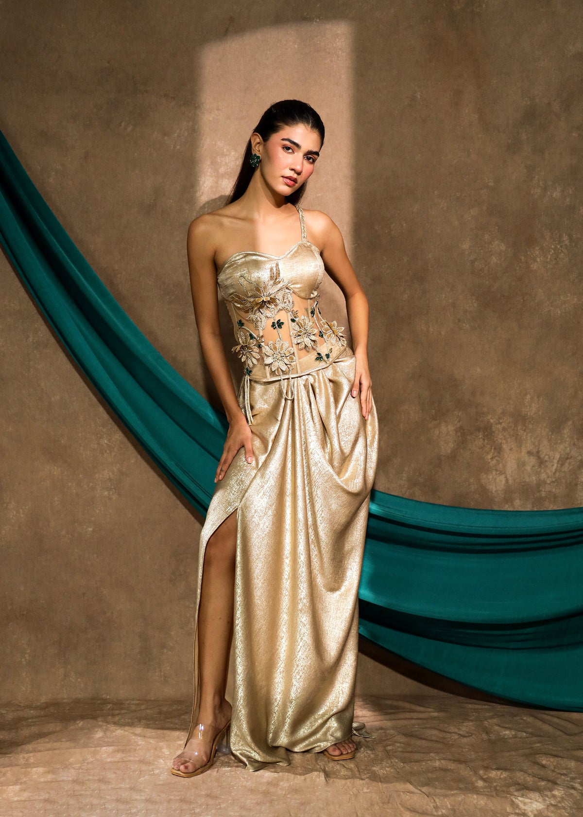 Ziya Gold Drape Corset Saree Set