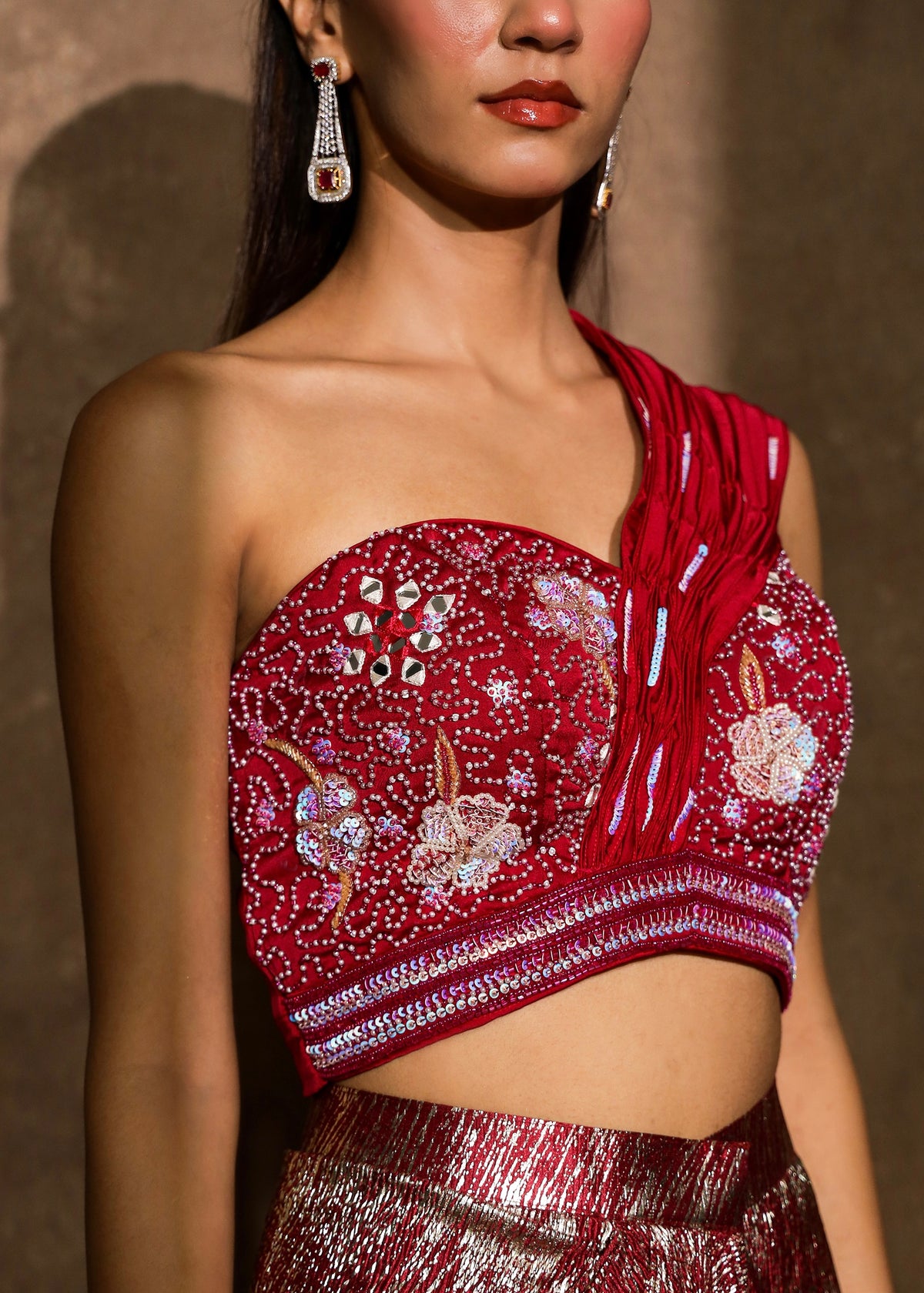 Aabra Dark Raspberry Metallic Drape Skirt Set