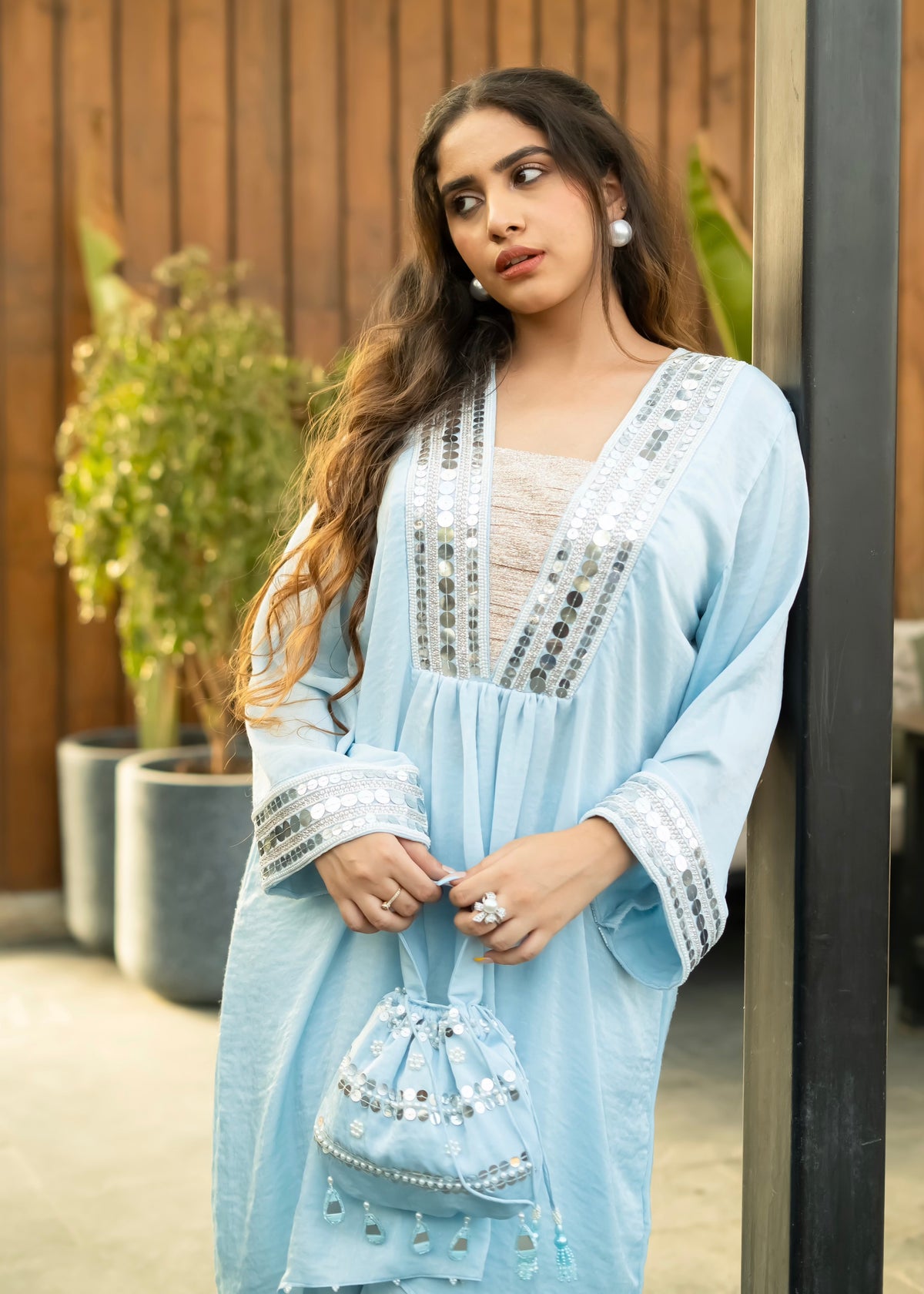 Noor Powder Blue Set with Potli