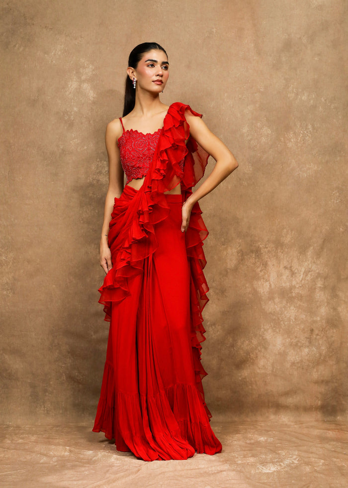 Amyrah Red Cascade Saree Set