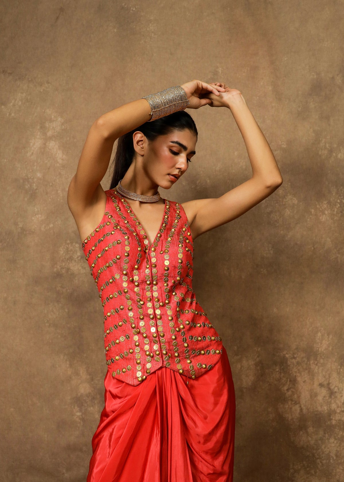 Gulnaar Rust Waistcoat Drape Set