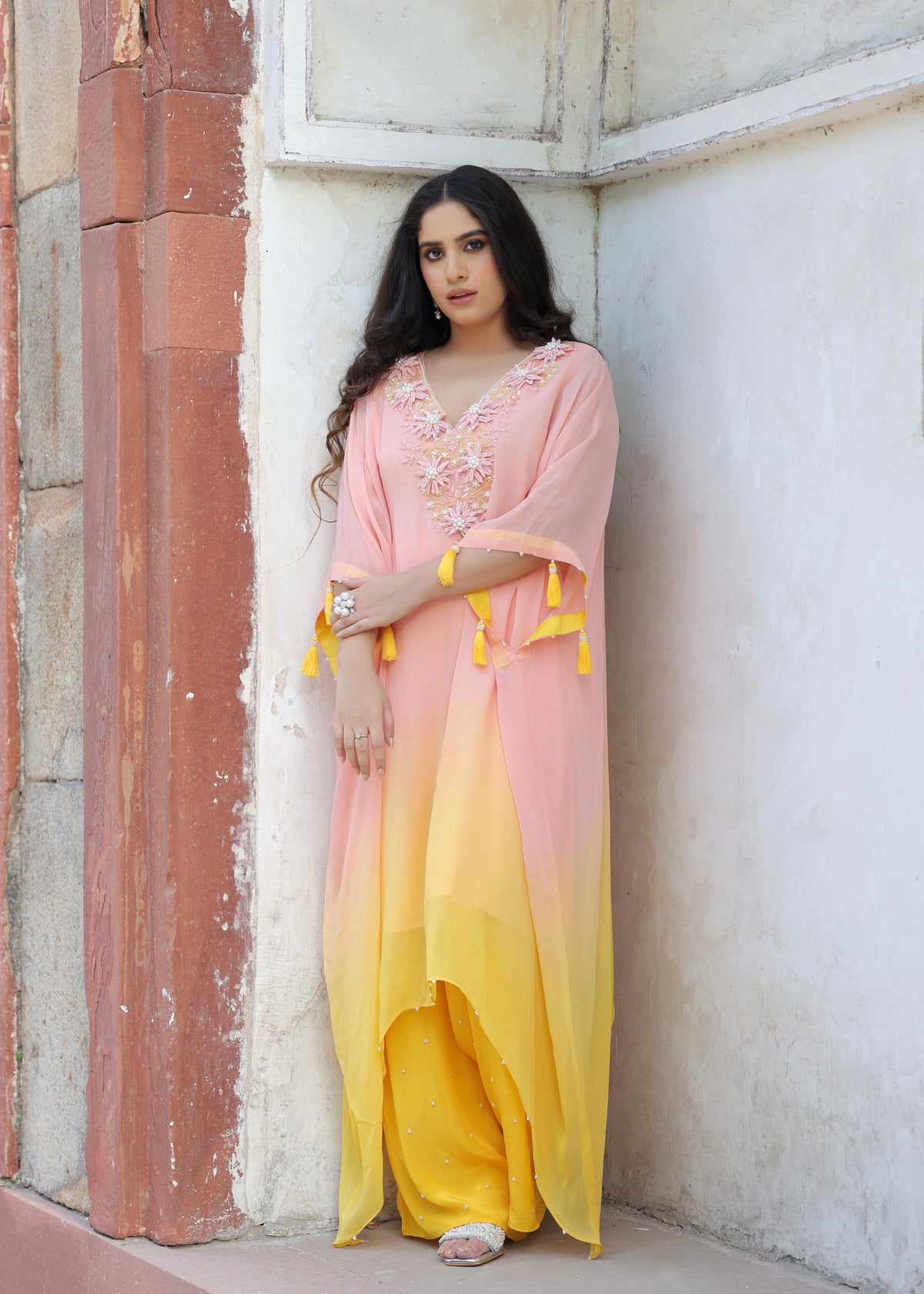 Raabta Pink Yellow Ombré Kaftan Set
