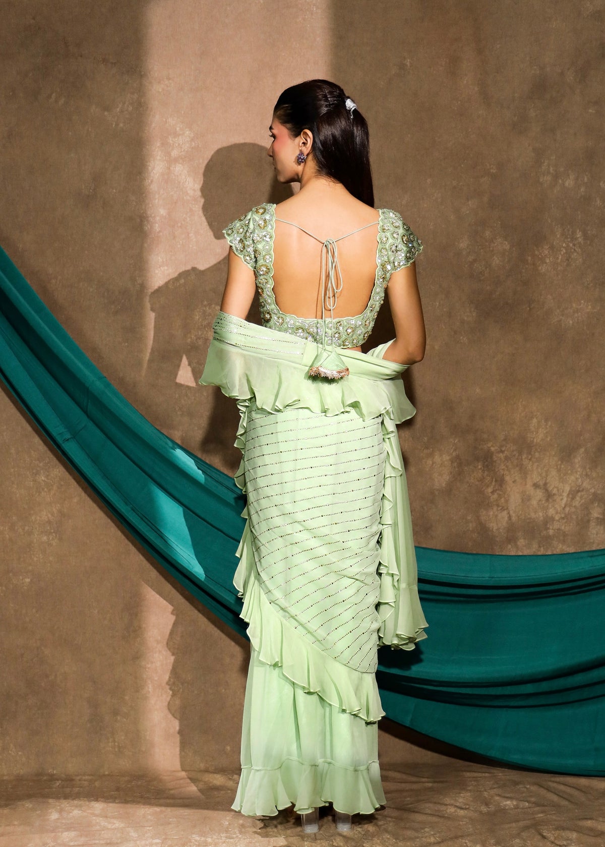 Bahaar Pastel Pistachio Green Saree Set