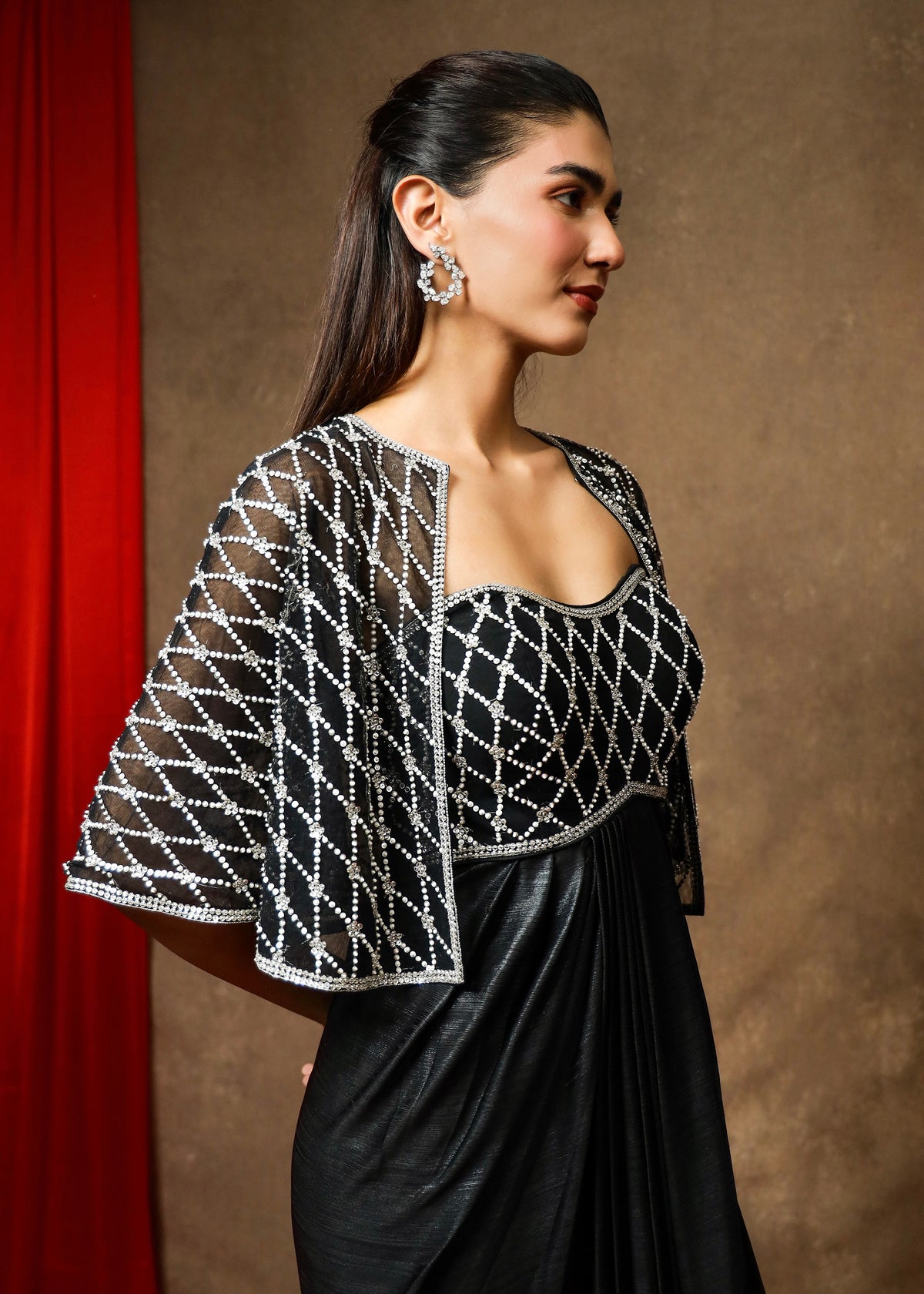 Rukhsar Black Metallic Drape Cape Set