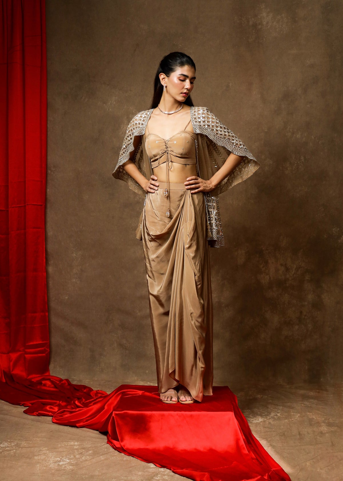 Hazoor Brown Cape Jacket Drape Set