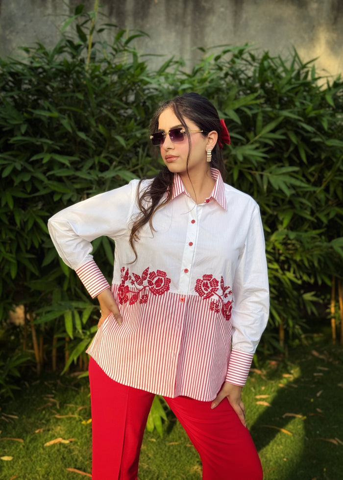 Pinstripe Petals Red Shirt
