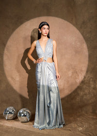 Ruh Metallic Powder Blue Conceptual Drape Saree