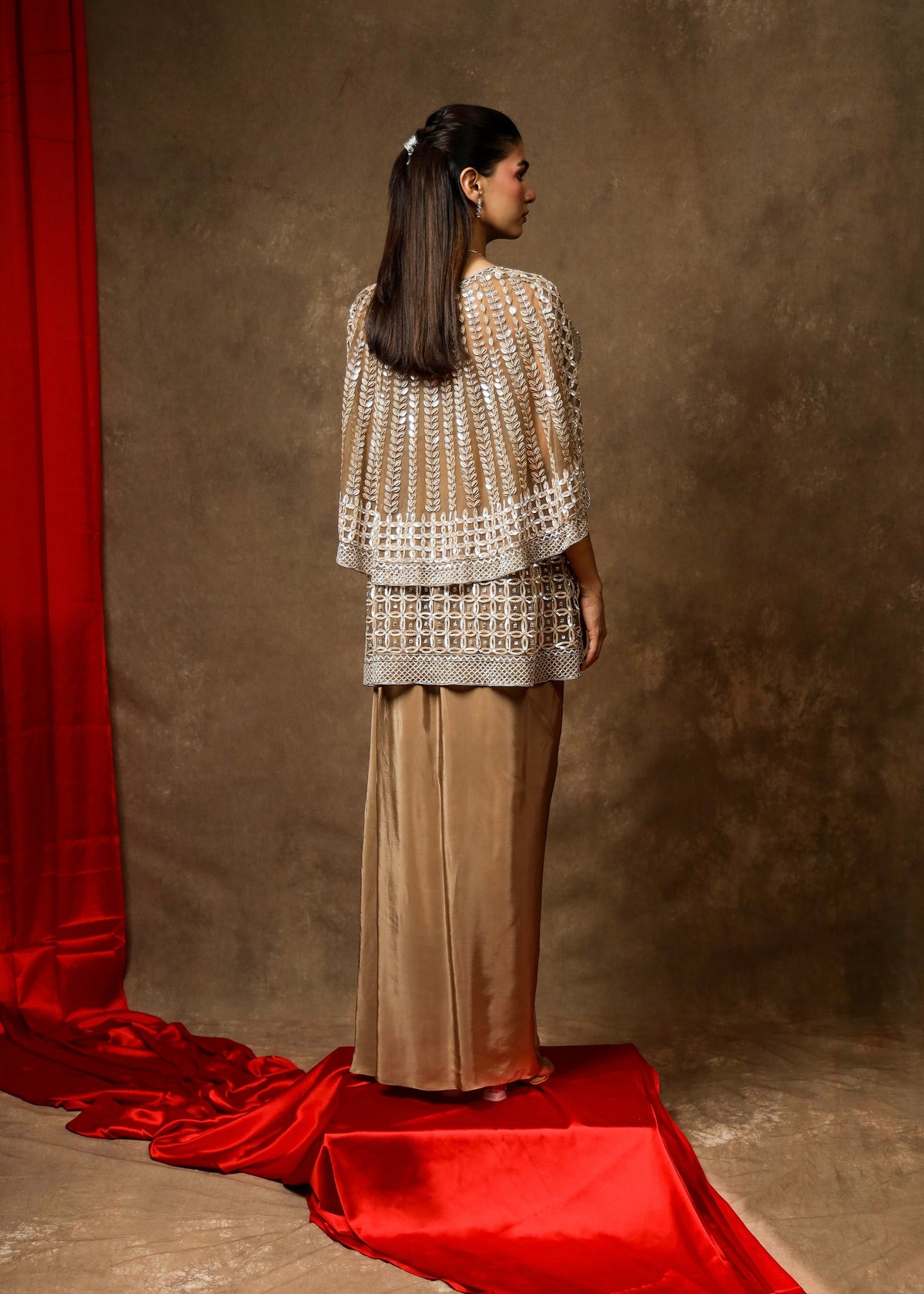 Hazoor Brown Cape Jacket Drape Set