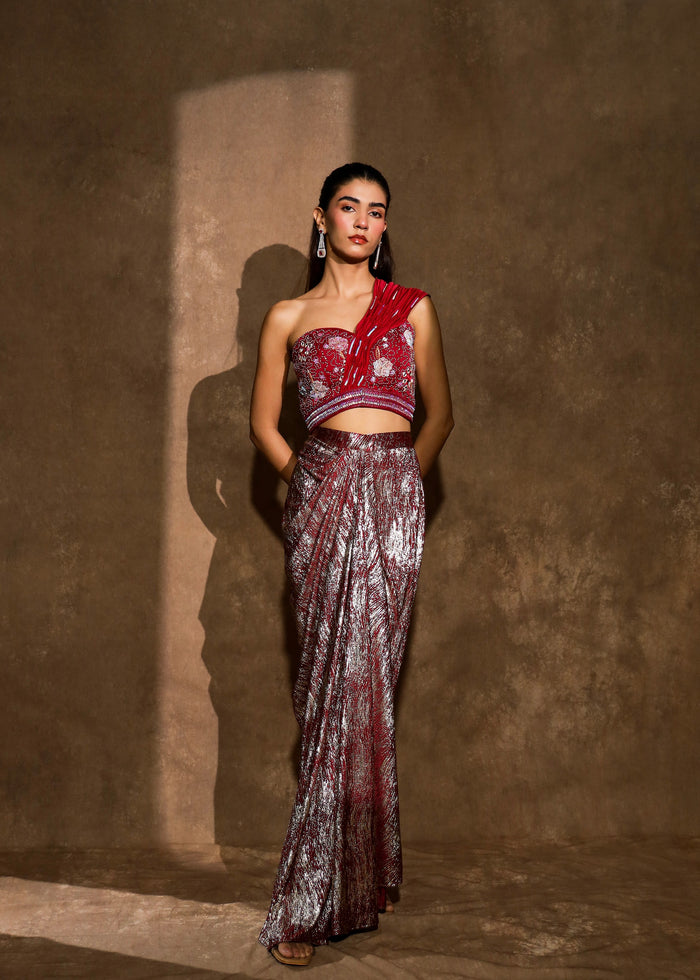 Aabra Dark Raspberry Metallic Drape Skirt Set