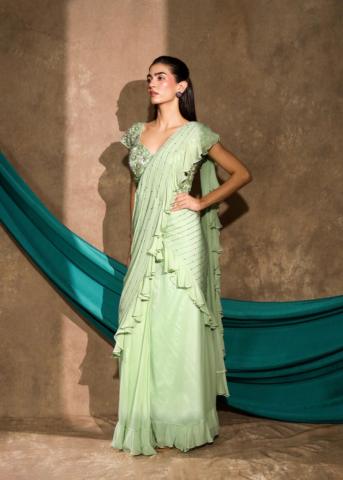 Bahaar Pastel Pistachio Green Saree Set